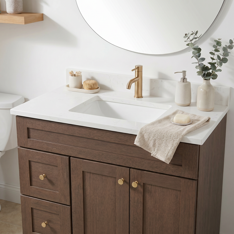 36" Coffee Bean Shaker Bathroom Vanity with Quartz Top – Single Sink