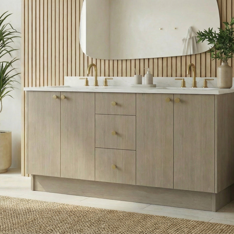 72" Manhattan Oak European Vanity with Quartz Top – Double Sink