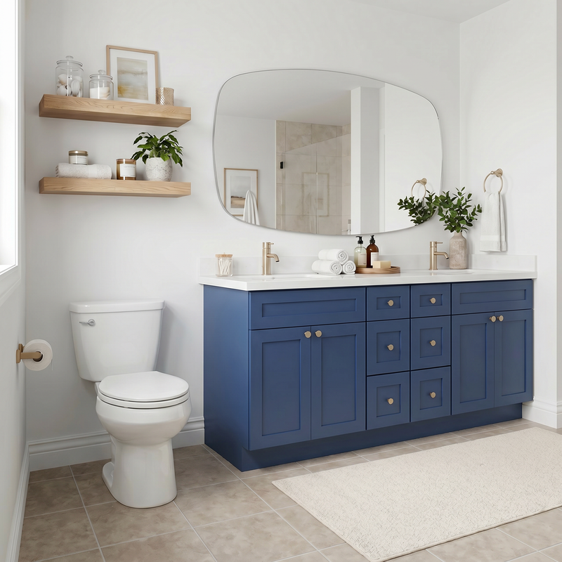 84" Navy Blue Shaker Bathroom Vanity with Quartz Top – Double Sink