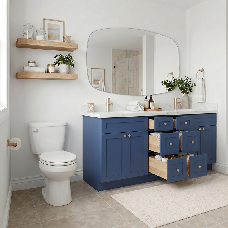 84" Navy Blue Shaker Bathroom Vanity with Quartz Top – Double Sink