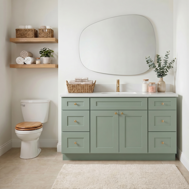 60" Olive Green Shaker Bathroom Vanity with Quartz Top – Single Sink