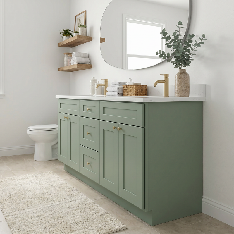 72" Olive Green Shaker Bathroom Vanity with Quartz Top – Double Sink