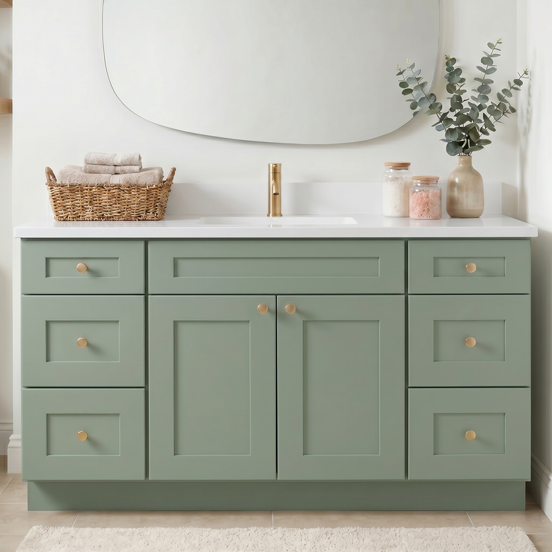 60" Olive Green Shaker Bathroom Vanity with Quartz Top – Single Sink