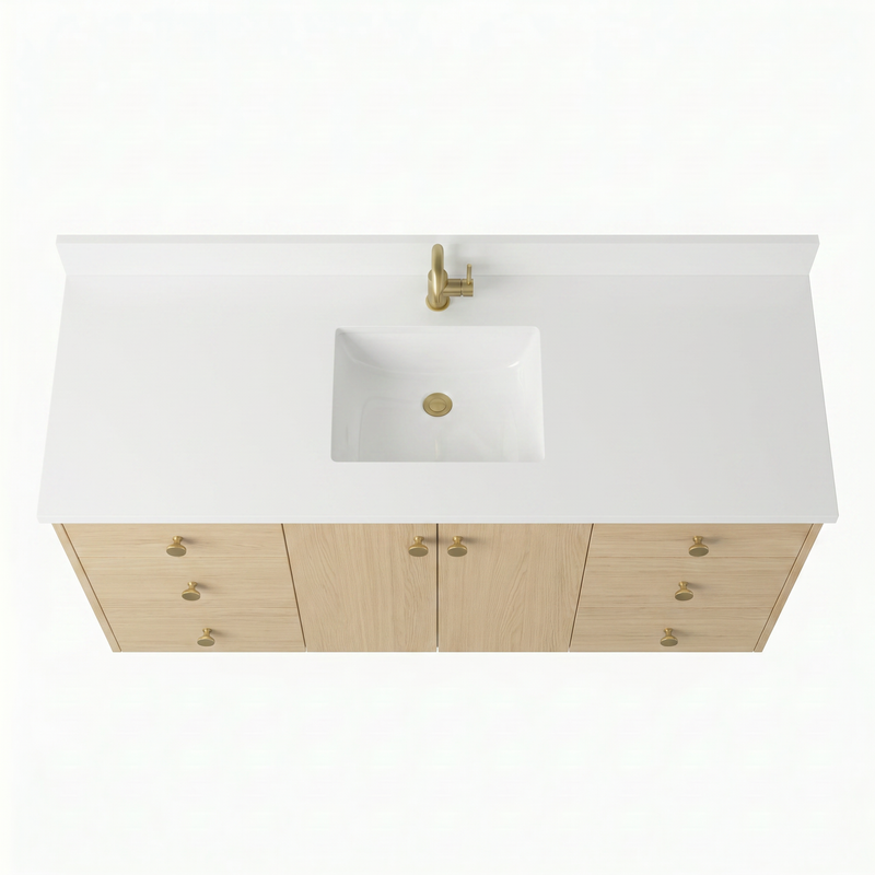 60" Milk Oak European Vanity with Quartz Top – Single Sink