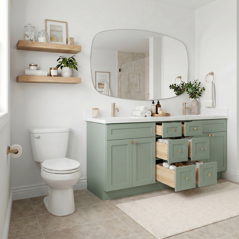 84" Olive Green Shaker Bathroom Vanity with Quartz Top – Double Sink