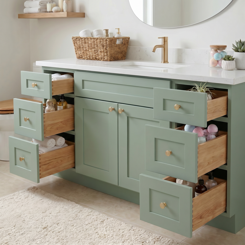 60" Olive Green Shaker Bathroom Vanity with Quartz Top – Single Sink