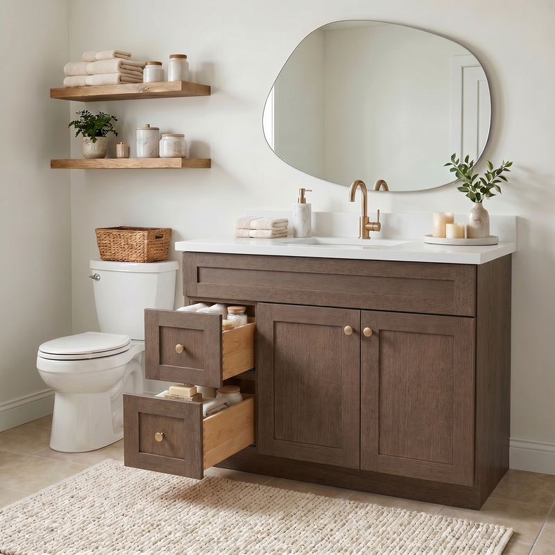 42" Coffee Bean Shaker Bathroom Vanity with Quartz Top – Single Sink