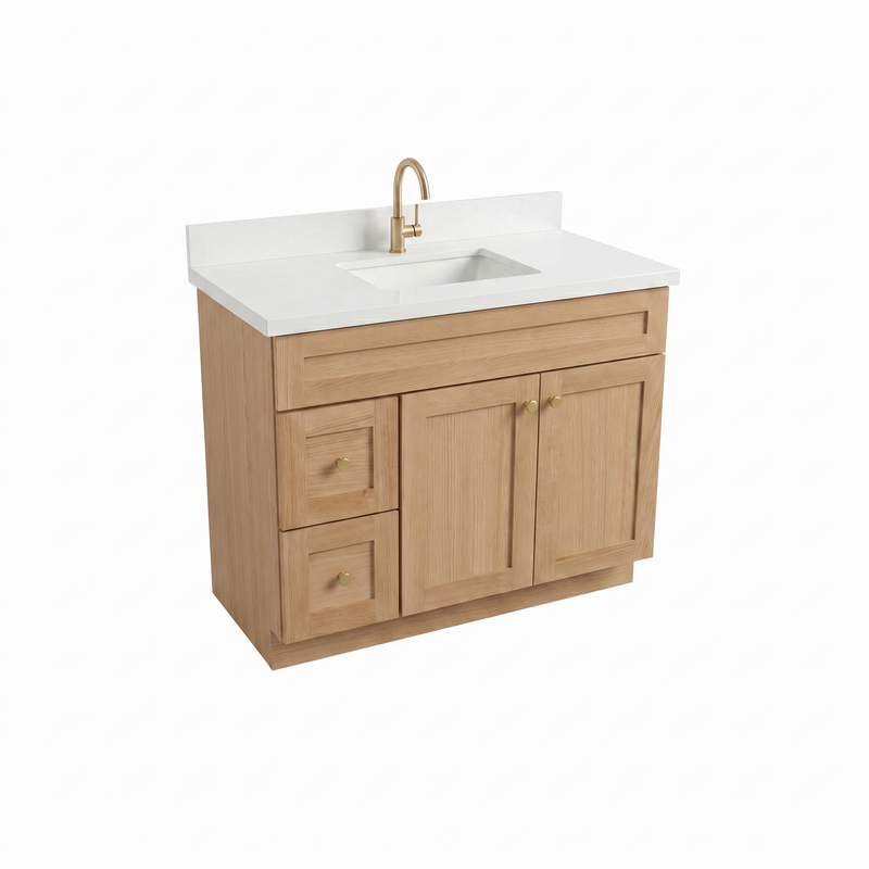42" White Oak Shaker Bathroom Vanity with Quartz Top – Single Sink