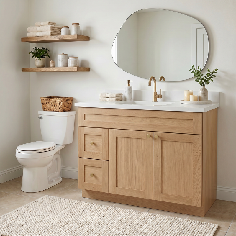 42" White Oak Shaker Bathroom Vanity with Quartz Top – Single Sink