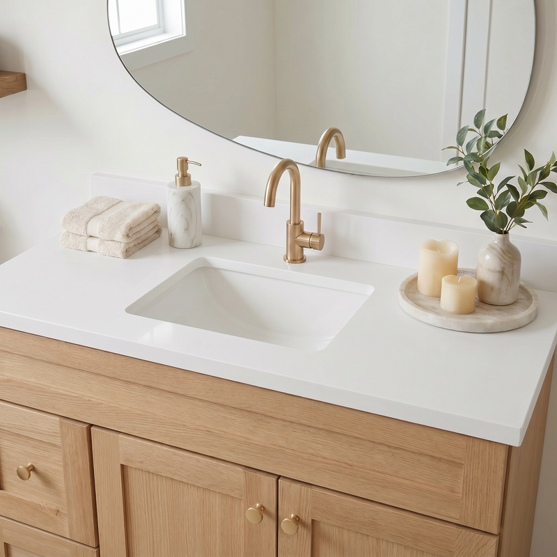 42" White Oak Shaker Bathroom Vanity with Quartz Top – Single Sink
