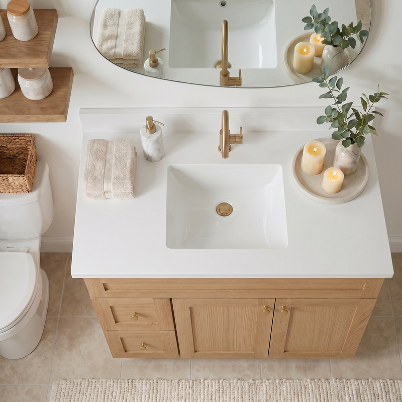 42" White Oak Shaker Bathroom Vanity with Quartz Top – Single Sink