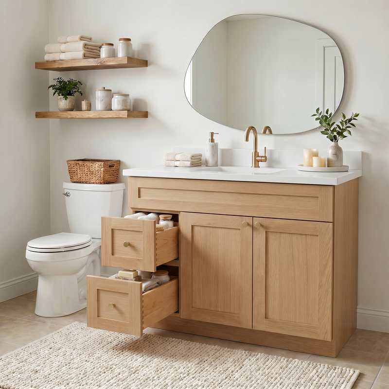 42" White Oak Shaker Bathroom Vanity with Quartz Top – Single Sink