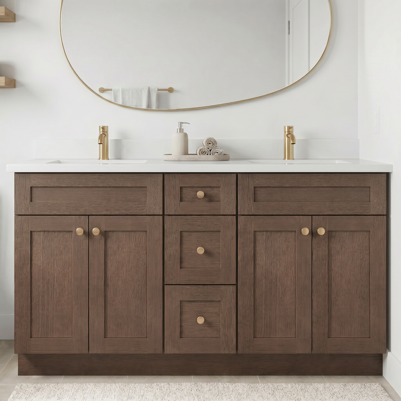 60" Coffee Bean Shaker Bathroom Vanity with Quartz Top – Double Sink