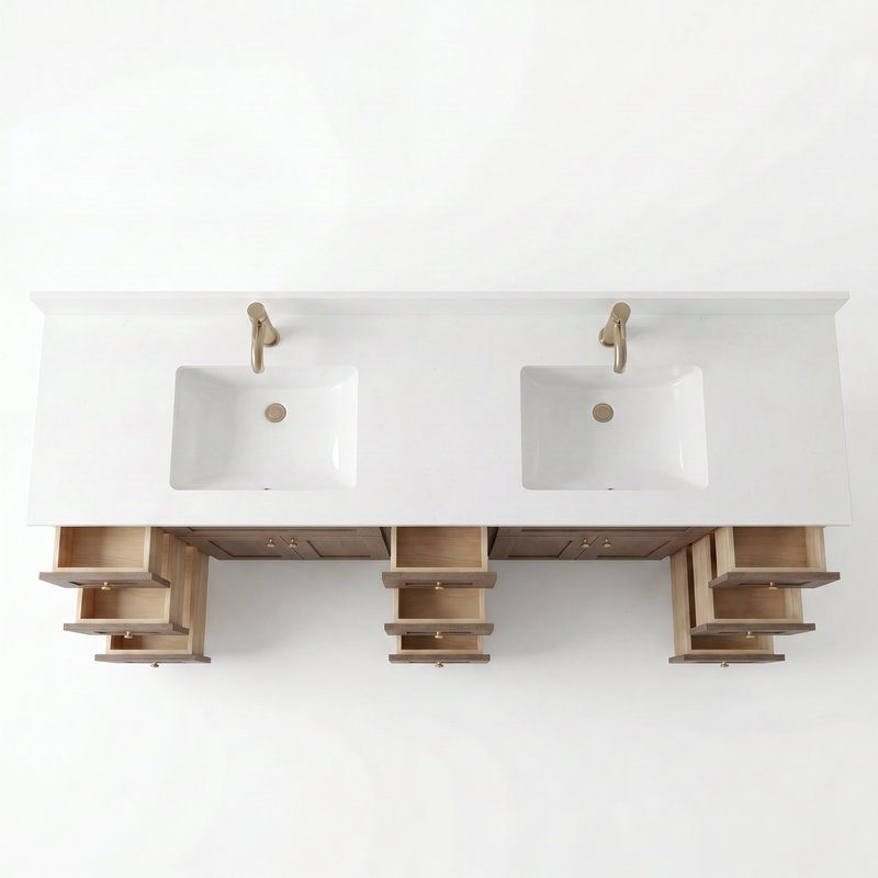 84" Coffee Bean Shaker Bathroom Vanity with Quartz Top – Double Sink