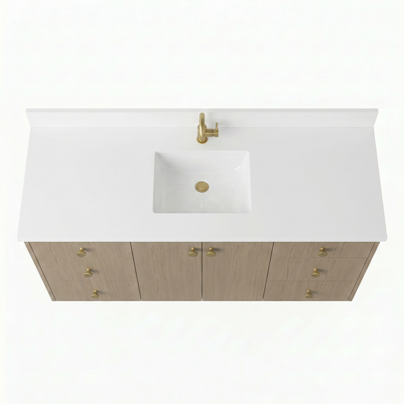 60" Manhattan Oak European Vanity with Quartz Top – Single Sink