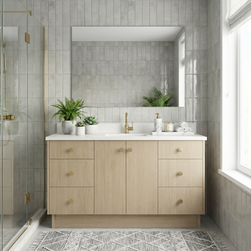 60" Desert Oak European Vanity with Quartz Top – Single Sink
