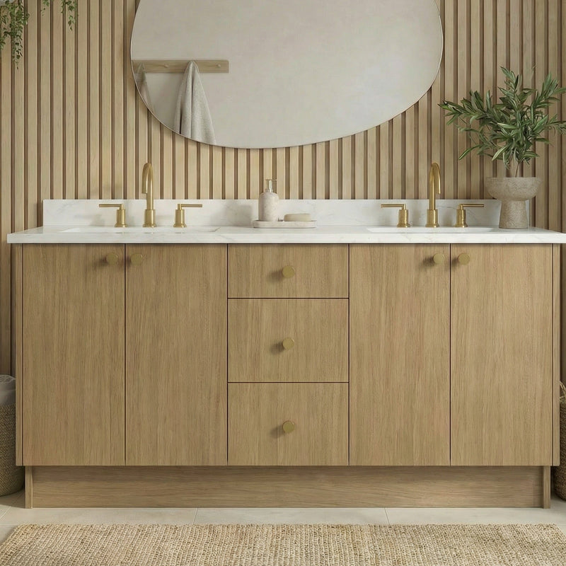 72" Sahara Oak European Vanity with Quartz Top – Double Sink
