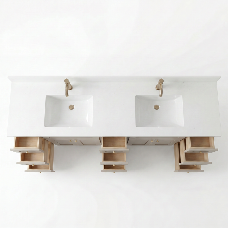 84" Taupe Shaker Bathroom Vanity with Quartz Top – 9 Drawers