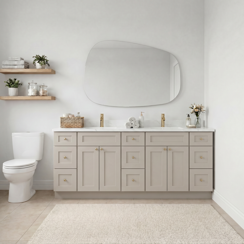 84" Taupe Shaker Bathroom Vanity with Quartz Top – 9 Drawers
