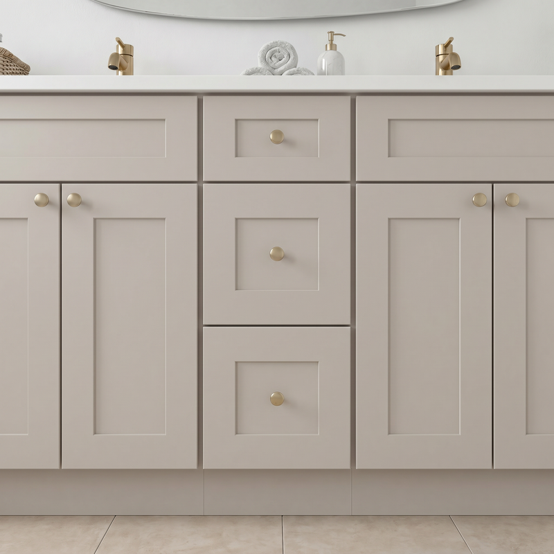 84" Taupe Shaker Bathroom Vanity with Quartz Top – 9 Drawers