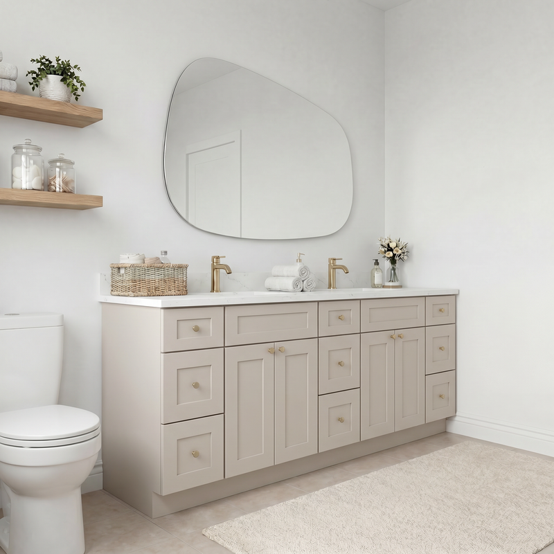 84" Taupe Shaker Bathroom Vanity with Quartz Top – 9 Drawers