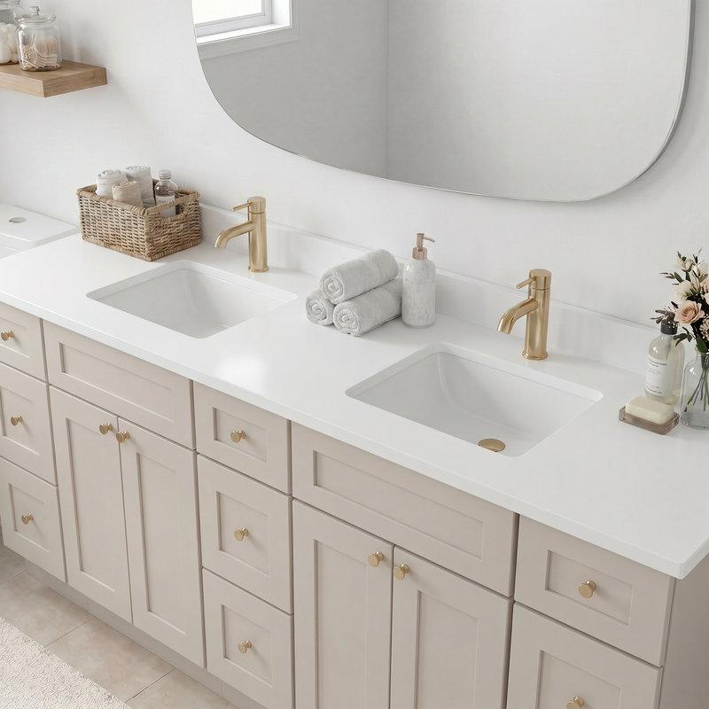 84" Taupe Shaker Bathroom Vanity with Quartz Top – 9 Drawers