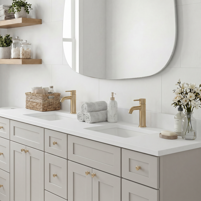 84" Taupe Shaker Bathroom Vanity with Quartz Top – 9 Drawers