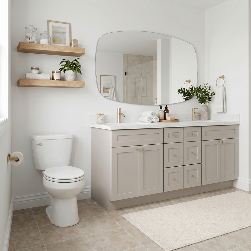 84" Taupe Shaker Bathroom Vanity with Quartz Top – 6 Drawers