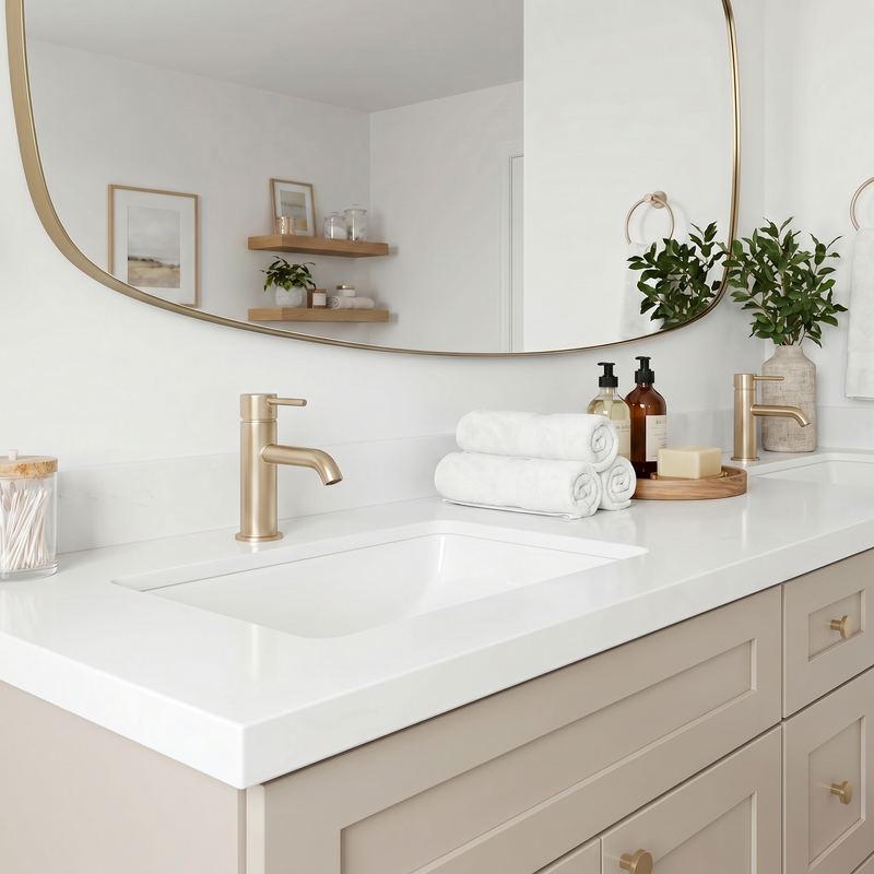 84" Taupe Shaker Bathroom Vanity with Quartz Top – 6 Drawers