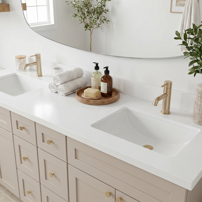 84" Taupe Shaker Bathroom Vanity with Quartz Top – 6 Drawers