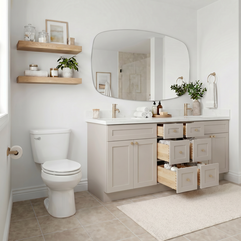 84" Taupe Shaker Bathroom Vanity with Quartz Top – 6 Drawers