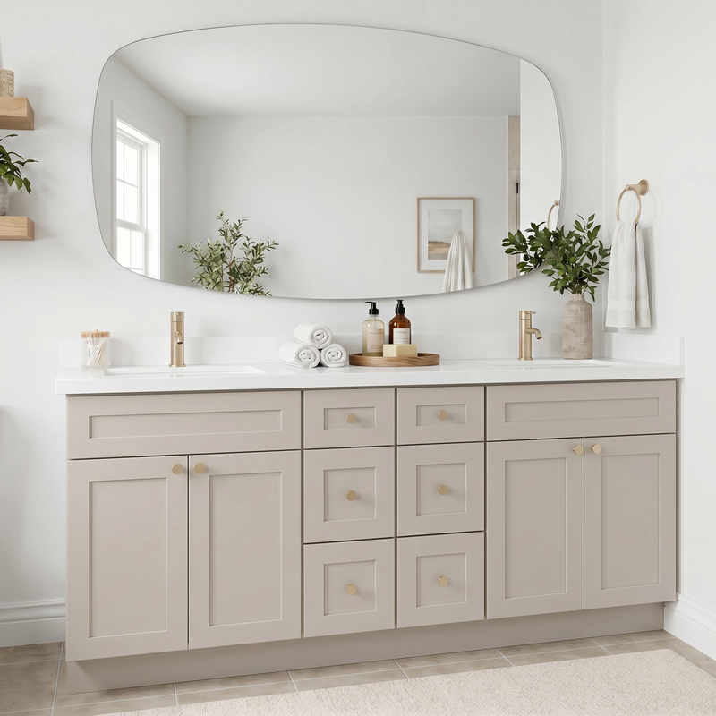 84" Taupe Shaker Bathroom Vanity with Quartz Top – 6 Drawers