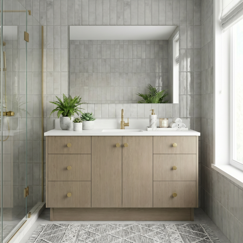 60" Manhattan Oak European Vanity with Quartz Top – Single Sink