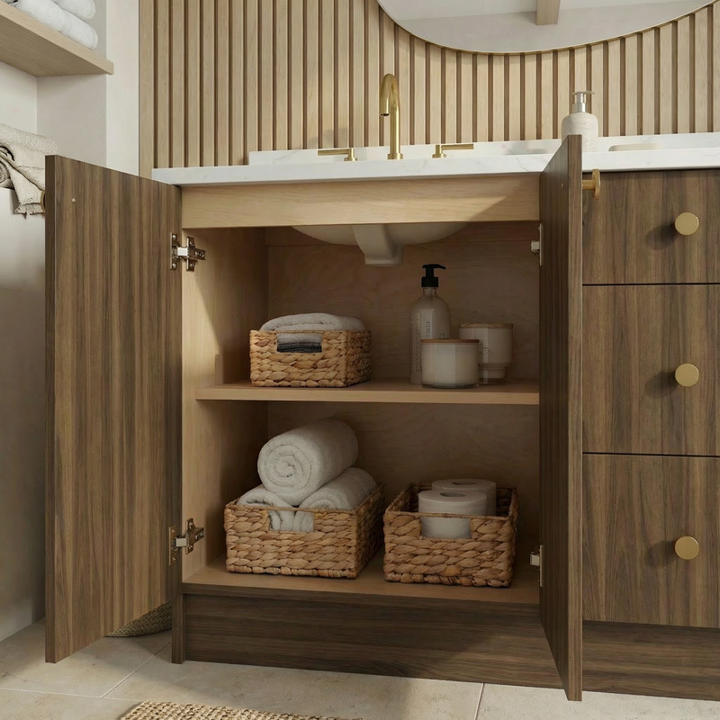 72" Smoked Walnut European Vanity with Quartz Top – Double Sink