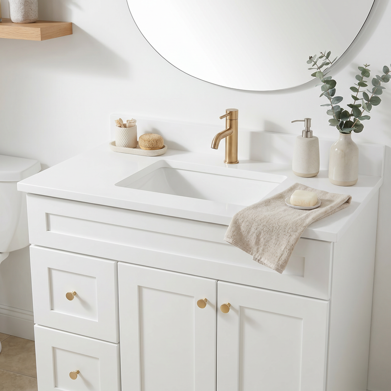 36" White Shaker Bathroom Vanity with Quartz Top – Single Sink