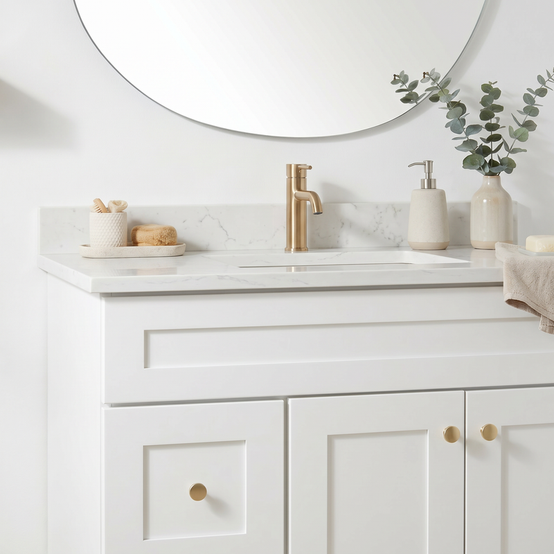 36" White Shaker Bathroom Vanity with Quartz Top – Single Sink