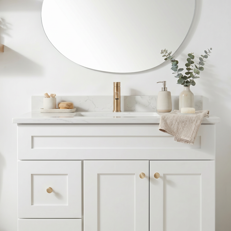 36" White Shaker Bathroom Vanity with Quartz Top – Single Sink