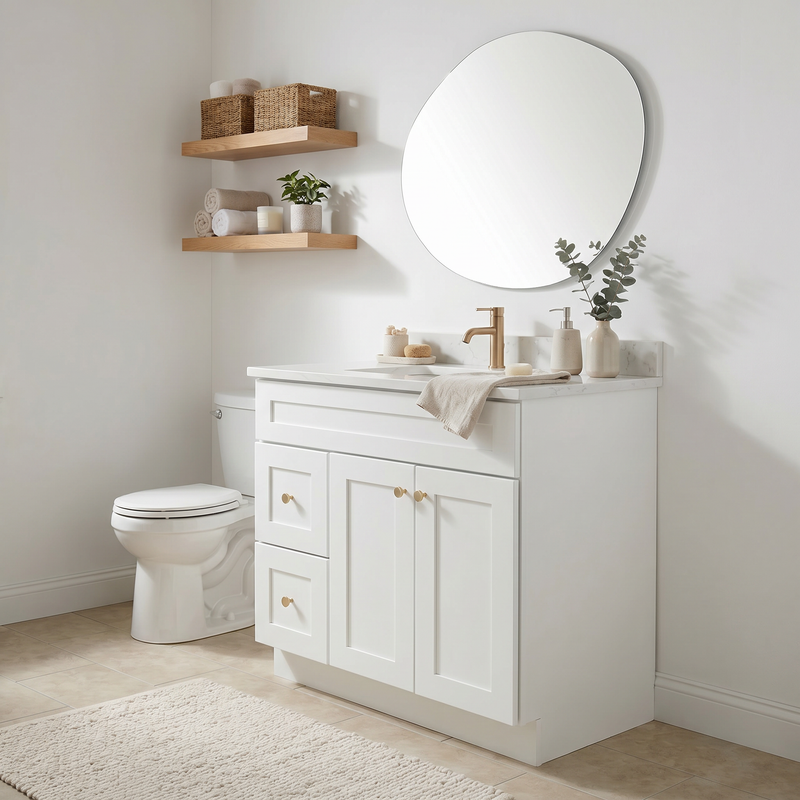 36" White Shaker Bathroom Vanity with Quartz Top – Single Sink
