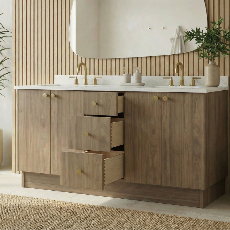 72" Frozen Walnut European Vanity with Quartz Top – Double Sink