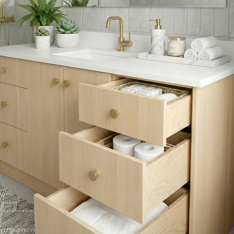 60" Milk Oak European Vanity with Quartz Top – Single Sink