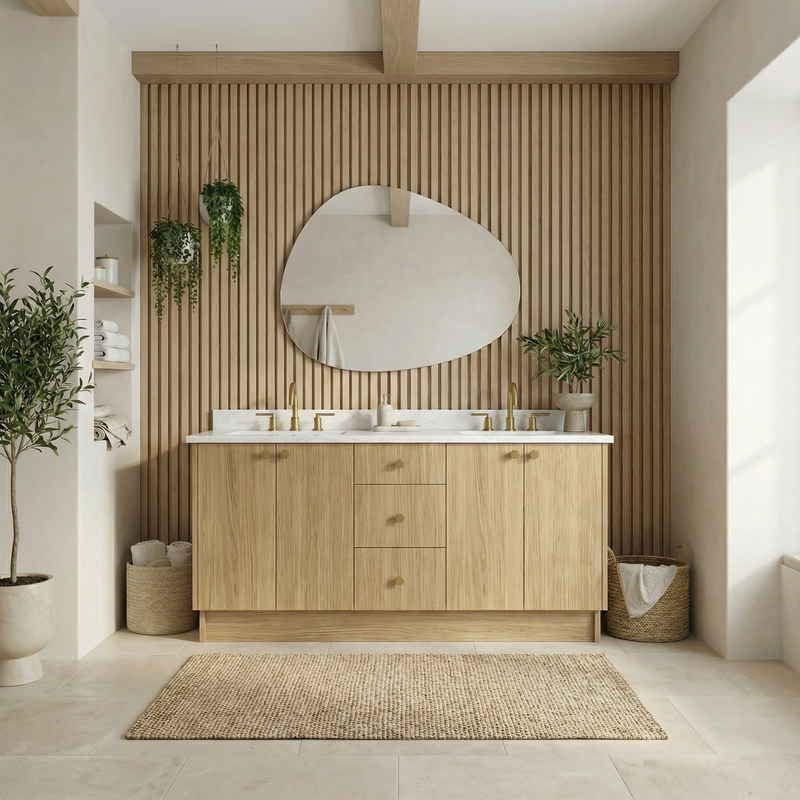 72" Natural Oak European Vanity with Quartz Top – Double Sink