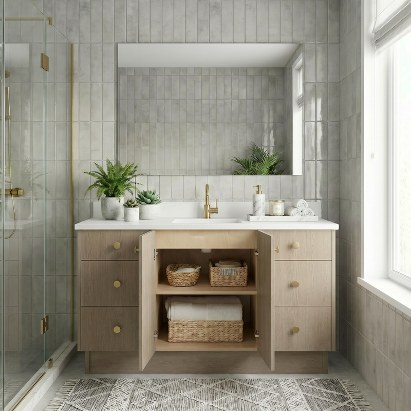 60" Manhattan Oak European Vanity with Quartz Top – Single Sink
