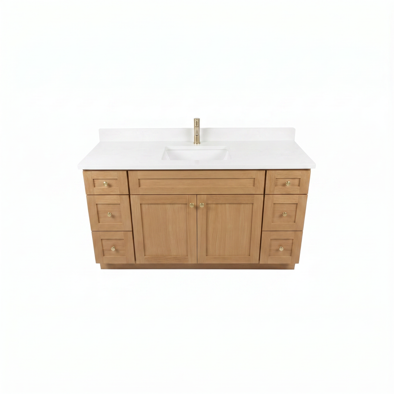 60" White Oak Shaker Bathroom Vanity with Quartz Top – Single Sink