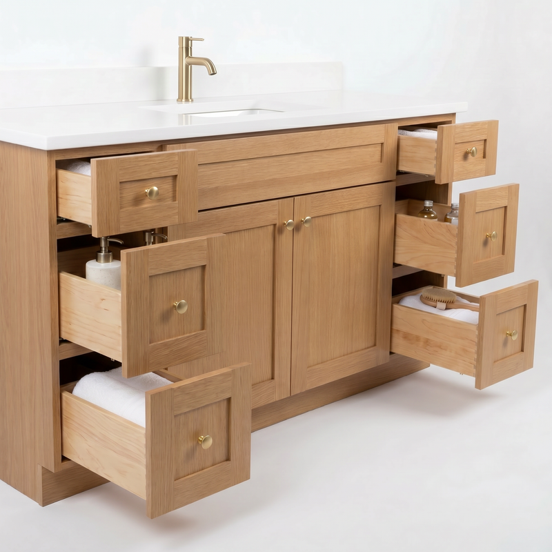 60" White Oak Shaker Bathroom Vanity with Quartz Top – Single Sink