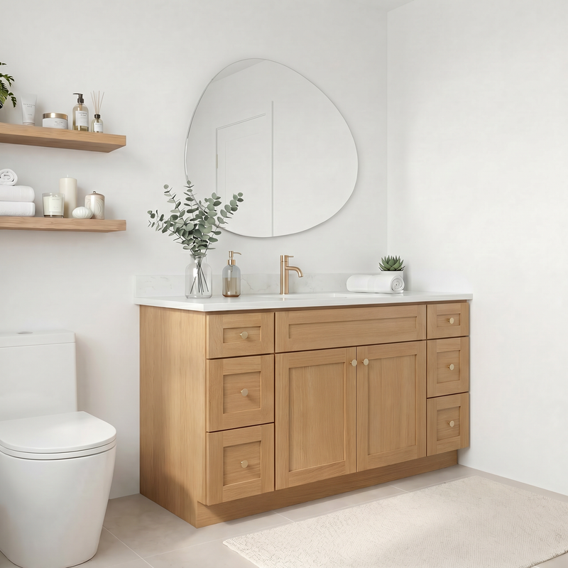 60" White Oak Shaker Bathroom Vanity with Quartz Top – Single Sink