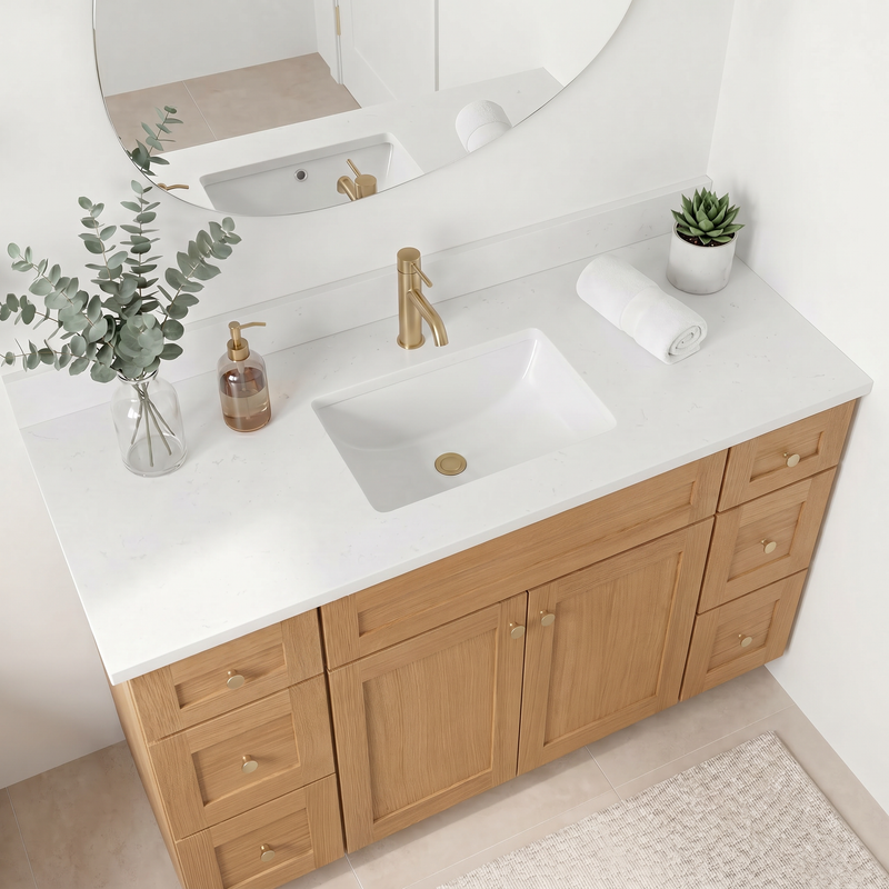 60" White Oak Shaker Bathroom Vanity with Quartz Top – Single Sink