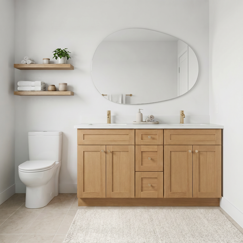 60" White Oak Shaker Bathroom Vanity with Quartz Top – Double Sink