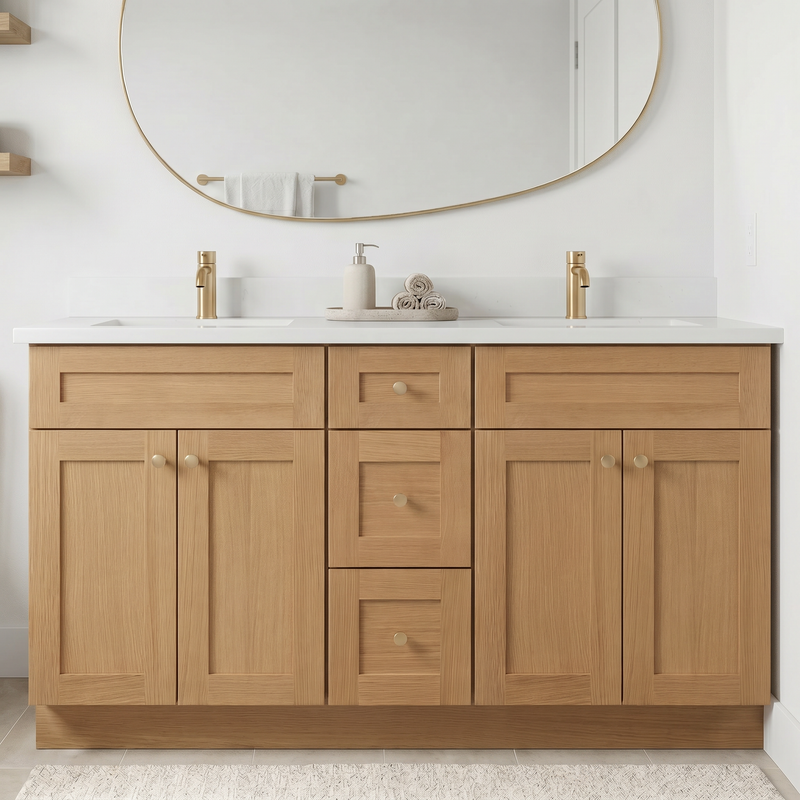60" White Oak Shaker Bathroom Vanity with Quartz Top – Double Sink