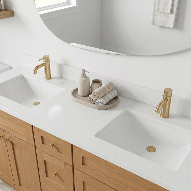 60" White Oak Shaker Bathroom Vanity with Quartz Top – Double Sink