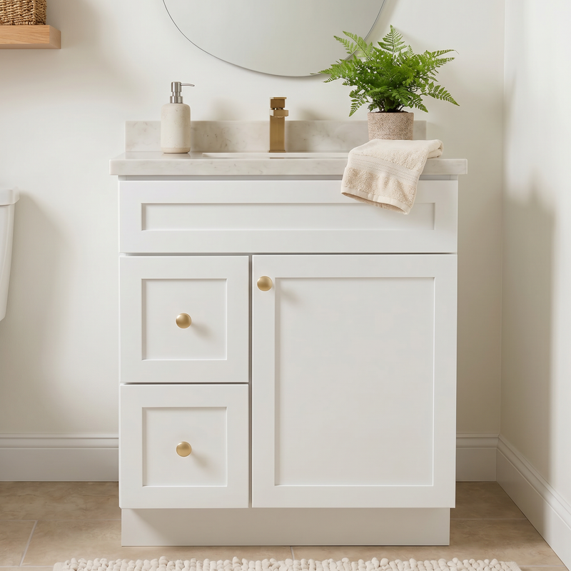 30" White Shaker Bathroom Vanity with Quartz Top – Single Sink